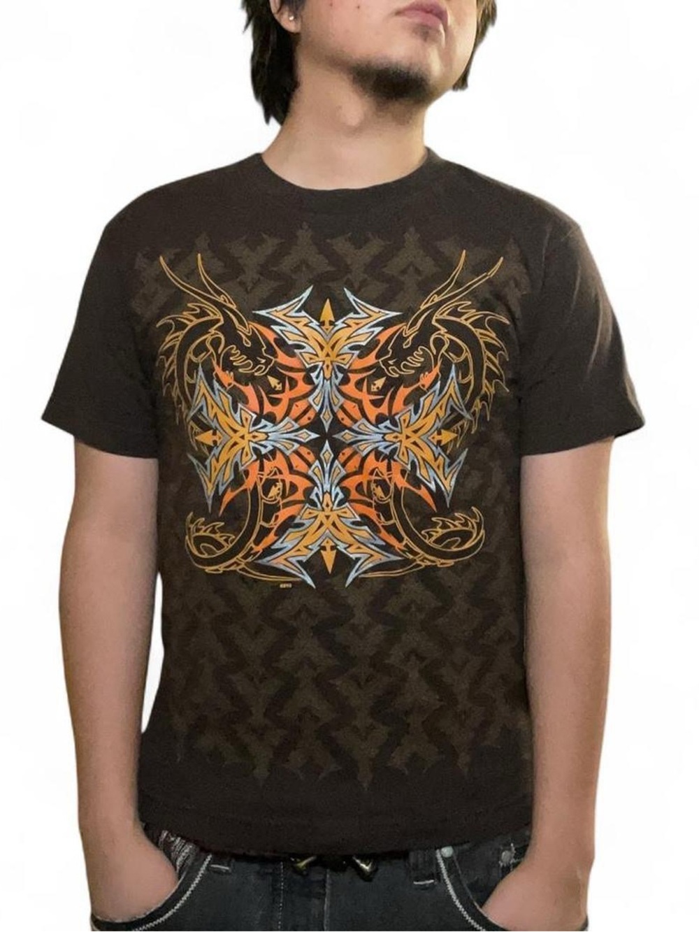 Vintage Archaic Brown Cyber Grunge Y2K Dragon‎ Cross Graphic T-Shirt